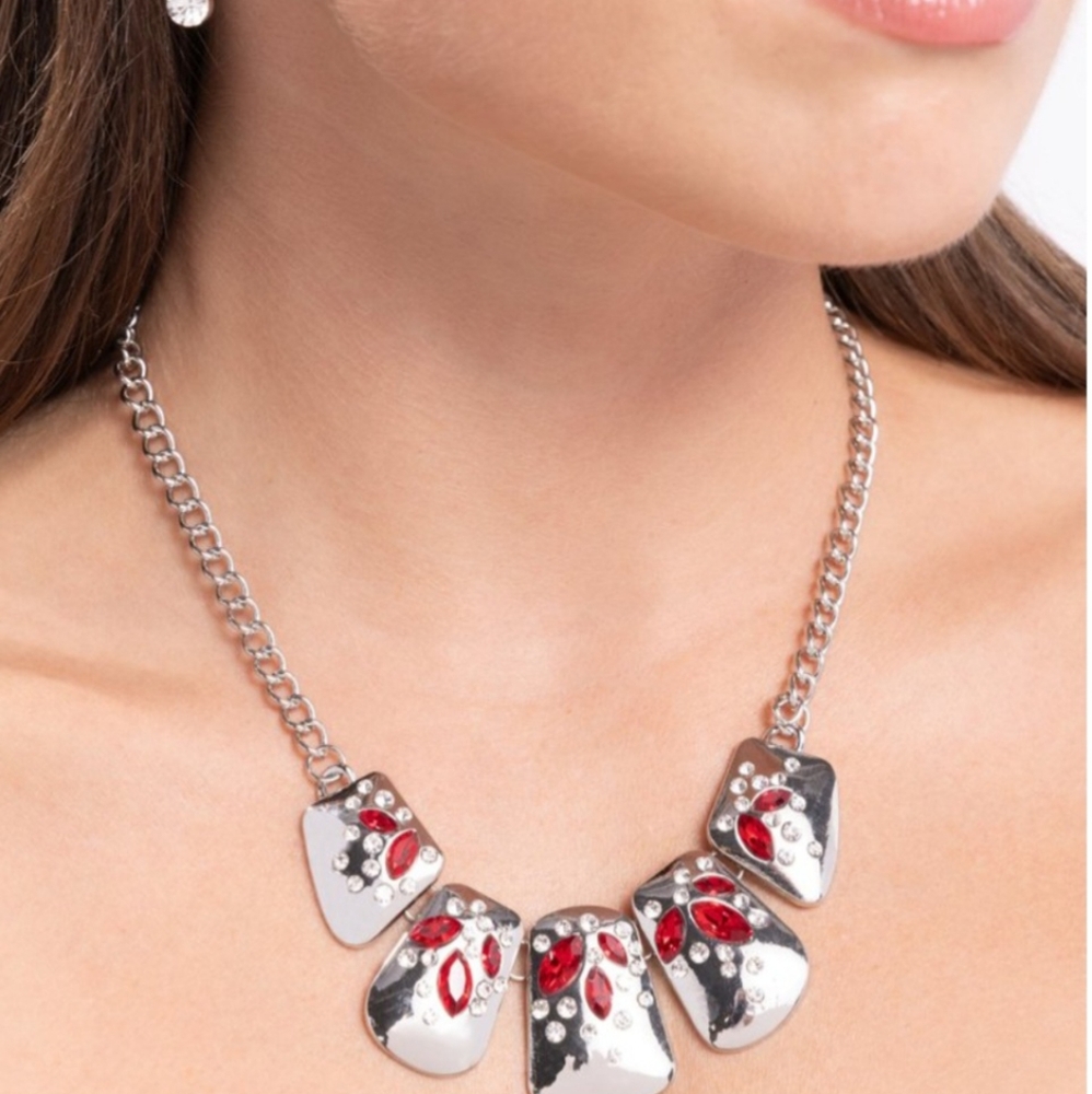 NIB Silver with Red Rhinestones Necklace Set